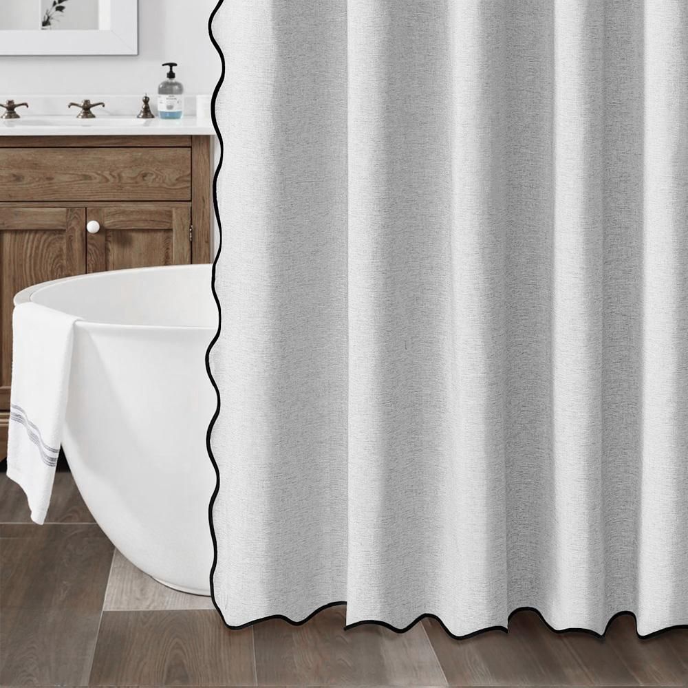 Waterproof Shower Curtain Thick Boho Wavy Edge With Rustproof Hooks - Silver