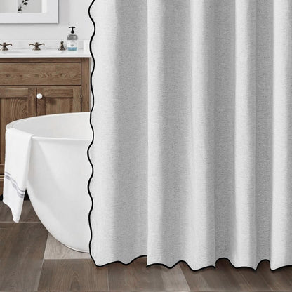 Waterproof Shower Curtain Thick Boho Wavy Edge With Rustproof Hooks - Silver
