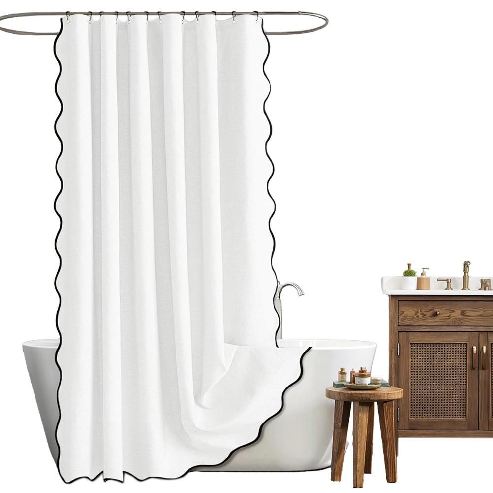 Waterproof Shower Curtain Thick Boho Wavy Edge With Rustproof Hooks - Silver