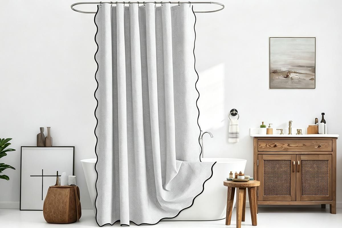 Waterproof Shower Curtain Thick Boho Wavy Edge With Rustproof Hooks - Silver