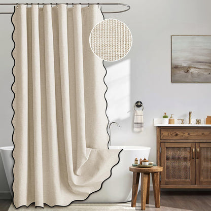 Waterproof Shower Curtain Thick Boho Wavy Edge With Rustproof Hooks - Silver