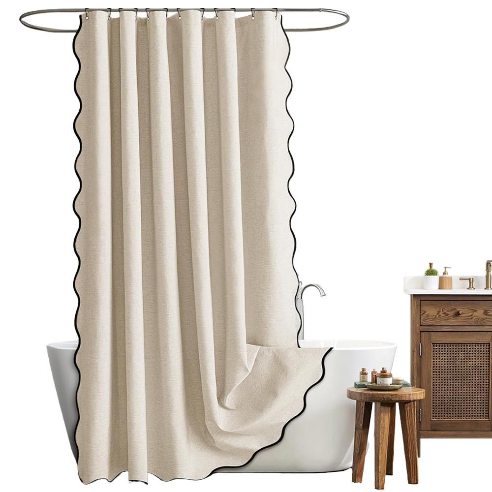 Waterproof Shower Curtain Thick Boho Wavy Edge With Rustproof Hooks - Beige
