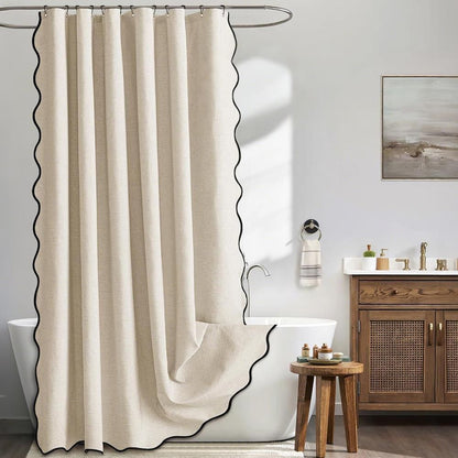 Waterproof Shower Curtain Thick Boho Wavy Edge With Rustproof Hooks - Beige