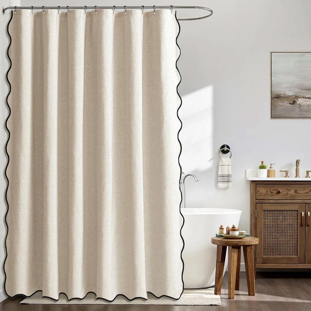 Waterproof Shower Curtain Thick Boho Wavy Edge With Rustproof Hooks - Beige