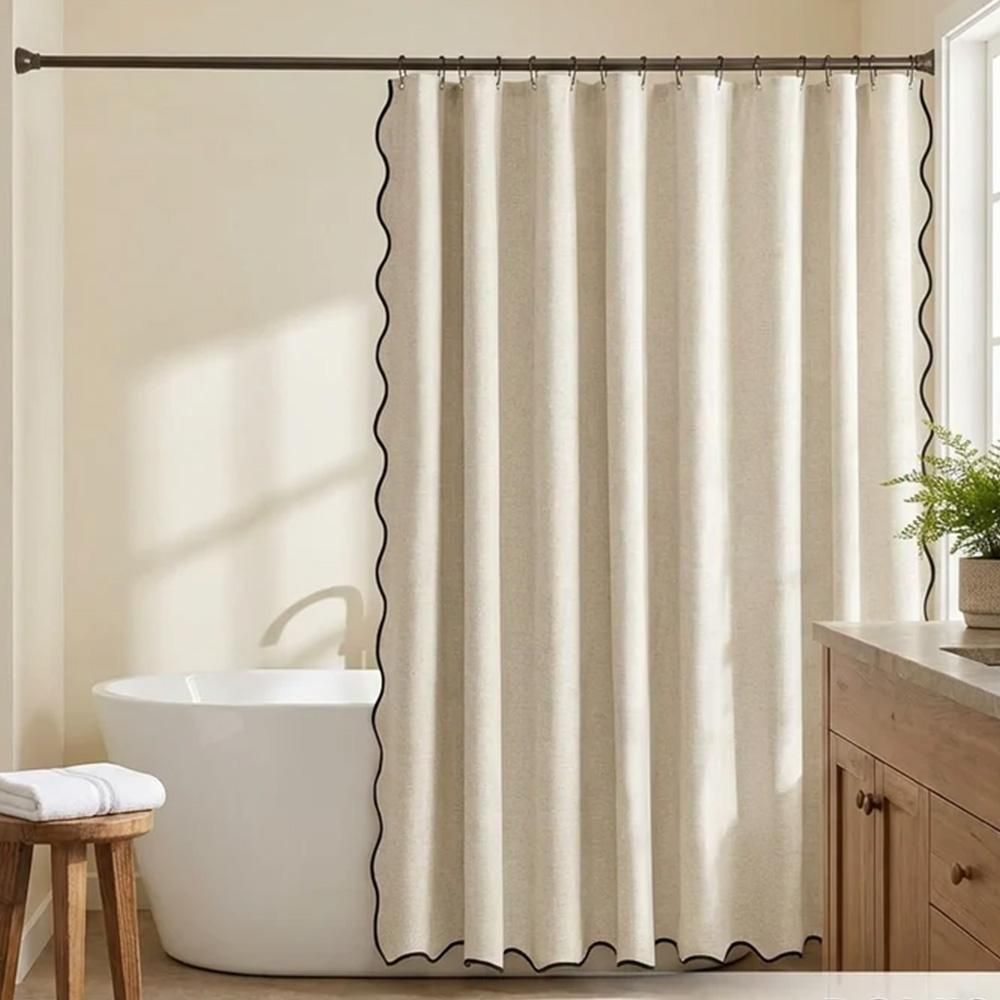 Waterproof Shower Curtain Thick Boho Wavy Edge With Rustproof Hooks - Beige
