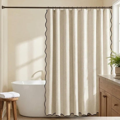 Waterproof Shower Curtain Thick Boho Wavy Edge With Rustproof Hooks - Beige