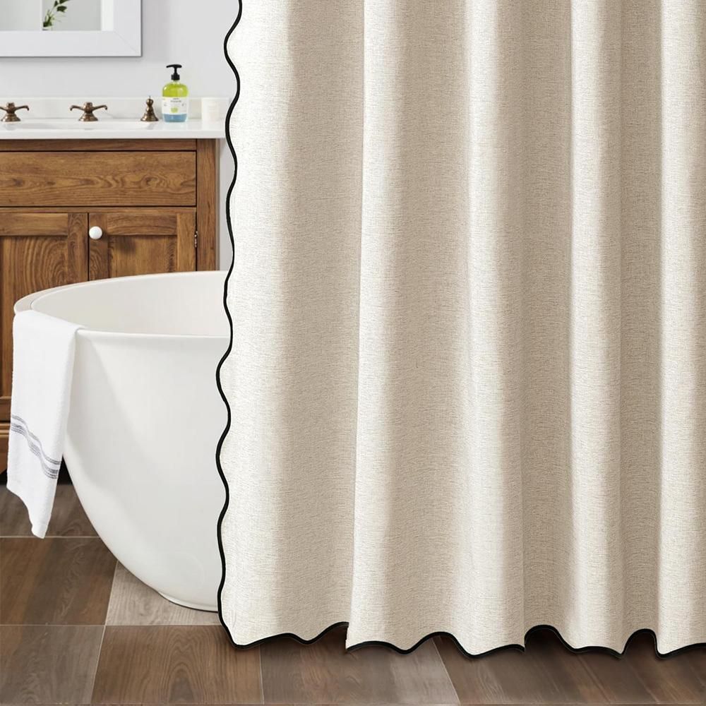 Waterproof Shower Curtain Thick Boho Wavy Edge With Rustproof Hooks - Beige