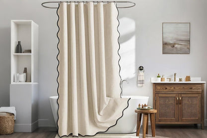 Waterproof Shower Curtain Thick Boho Wavy Edge With Rustproof Hooks - Beige