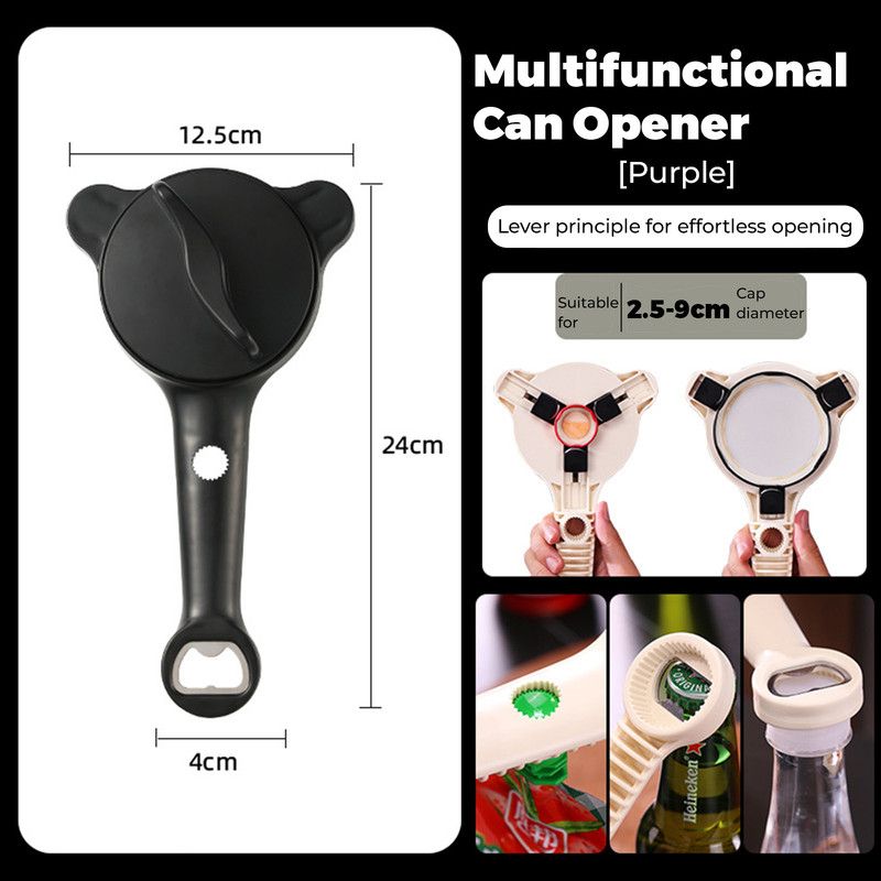 4-in-1 Multi-Function Can Opener, Essential Kitchen Tool for Opening Lids, Multi-Size Bottle Opener - Black