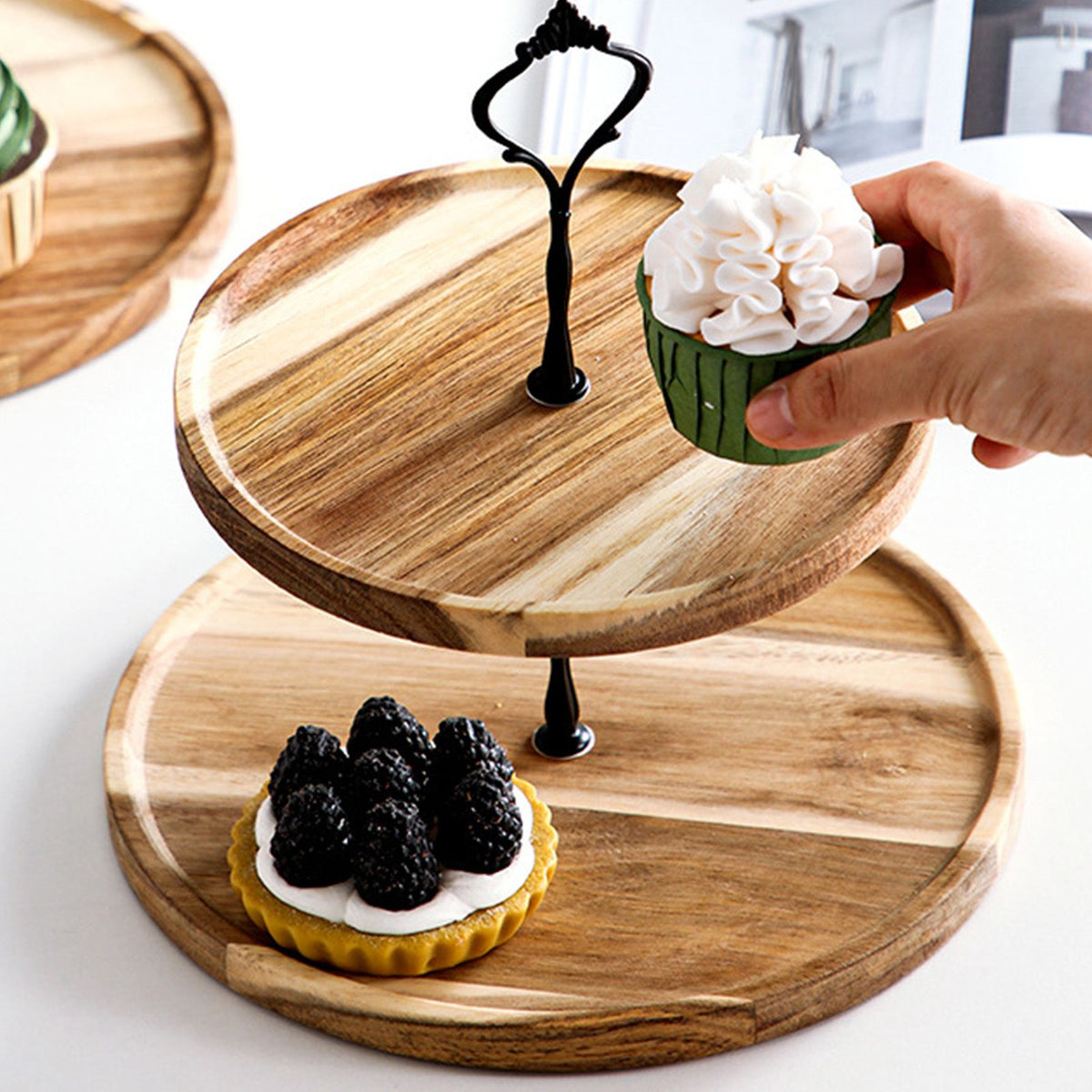 Wood Dessert Stand Rack Environmental Simple Vintage Wooden Dessert Display Tray Stand for Dessert Fruit Cake Snack Black Crown 2 Layers, Large