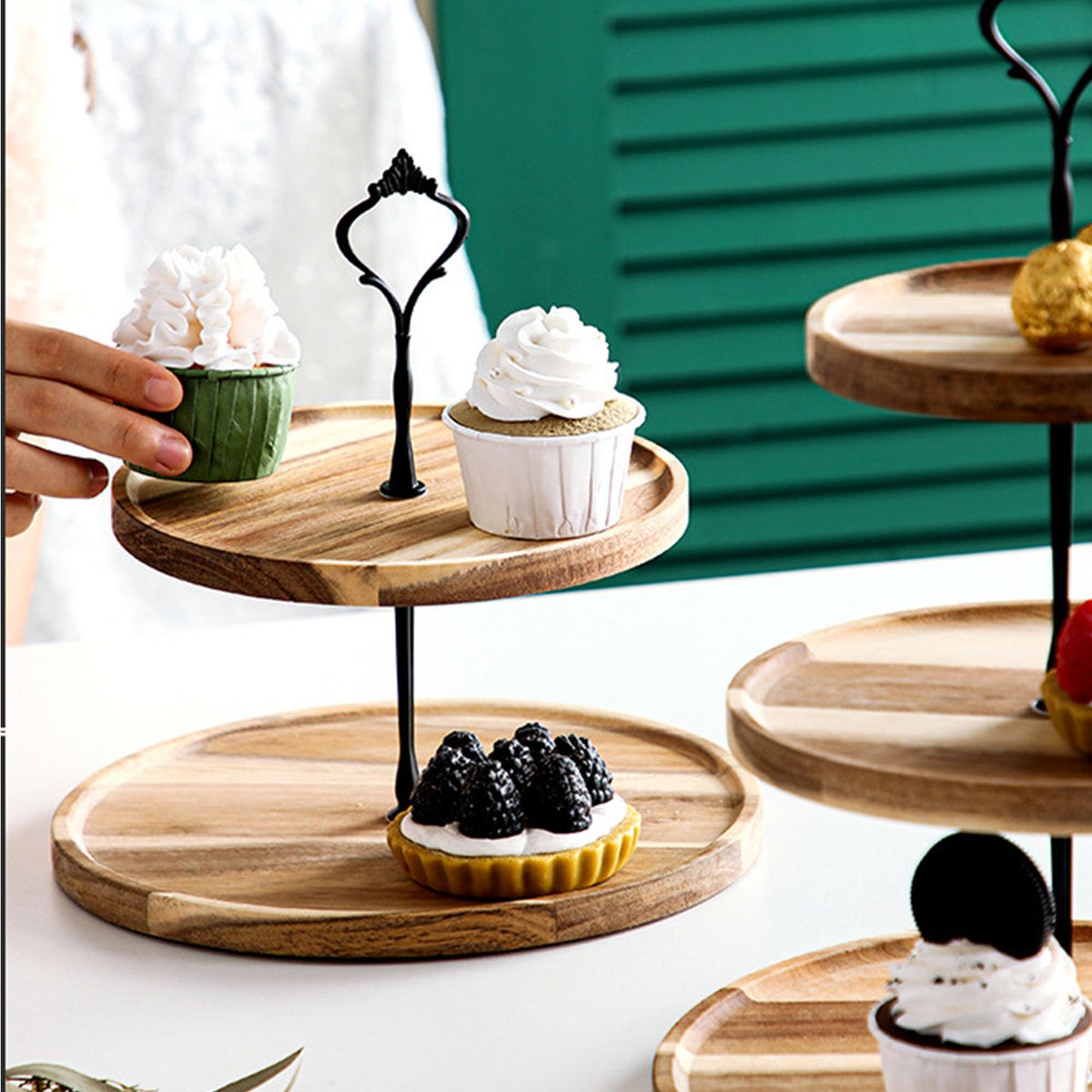 Wood Dessert Stand Rack Environmental Simple Vintage Wooden Dessert Display Tray Stand for Dessert Fruit Cake Snack Black Crown 2 Layers, Large
