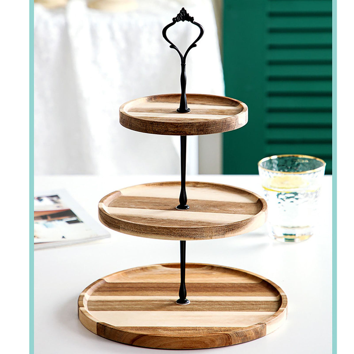 Wood Dessert Stand Rack Environmental Simple Vintage Wooden Dessert Display Tray Stand for Dessert Fruit Cake Snack Black Crown 3 Layers
