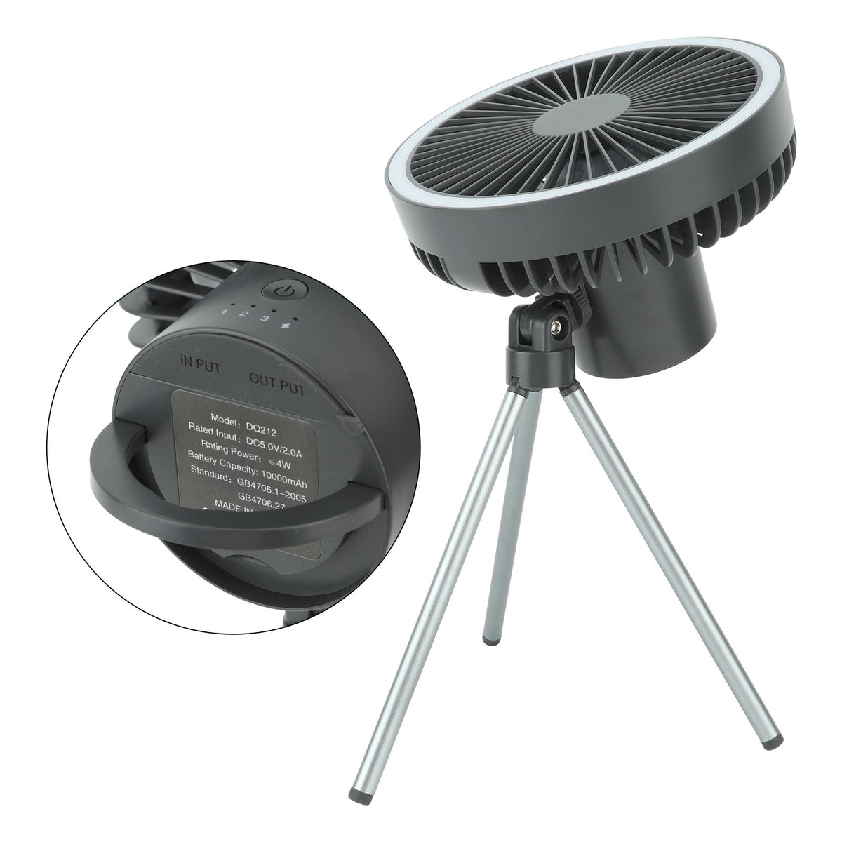 10000mAh USB Tripod Camping Fan Outdoor Portable Camping Fan with Light Power Bank Gray
