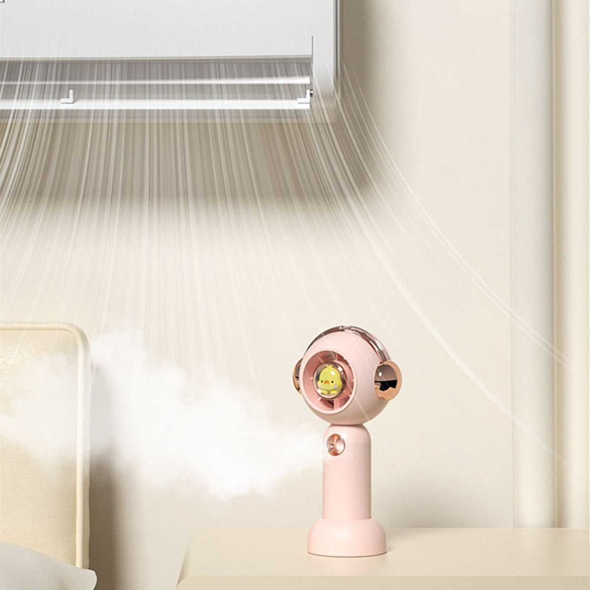 Portable Handheld Misting Fan Cute Cartoon USB Rechargeable Personal Fan for Outdoor Indoor Pink