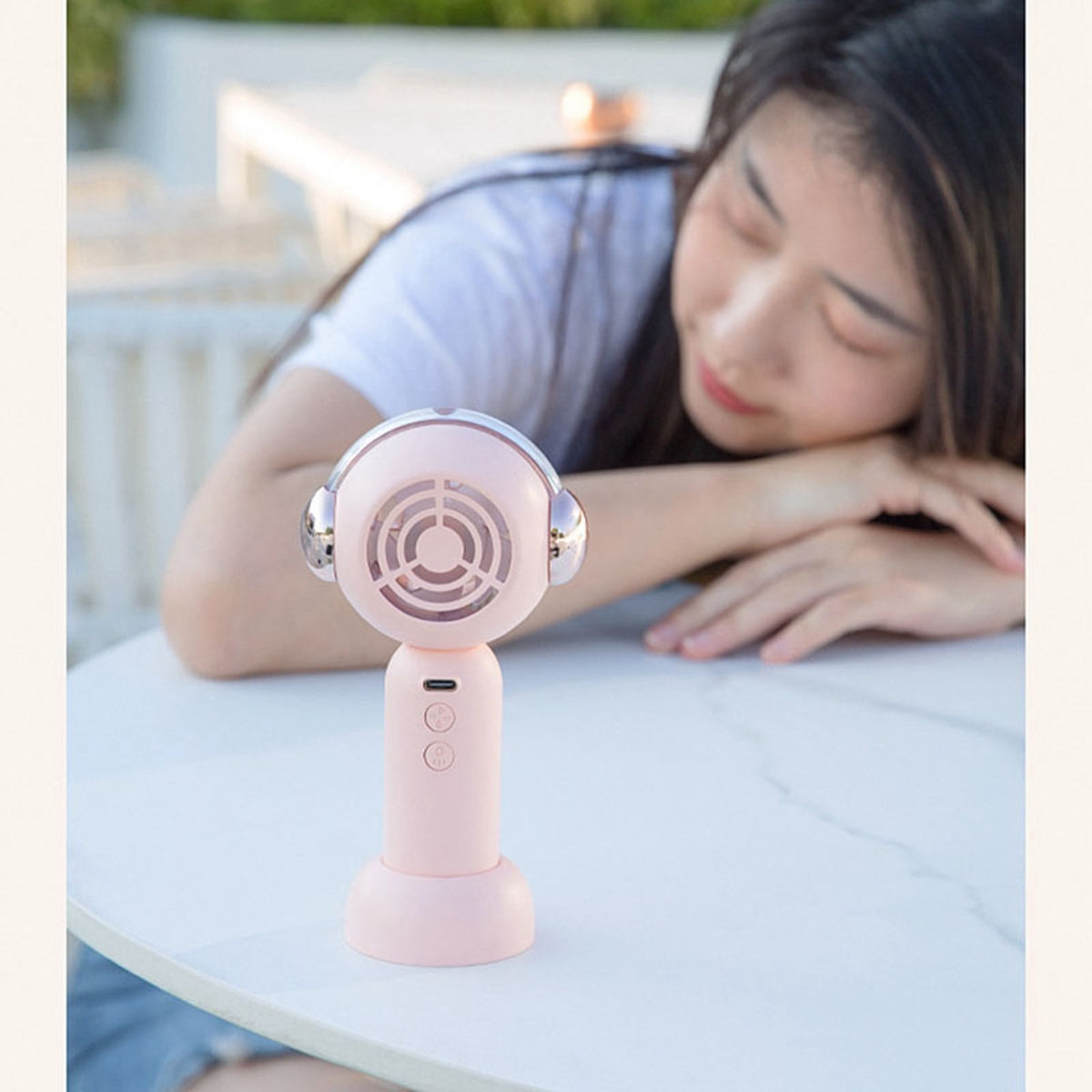 Portable Handheld Misting Fan Cute Cartoon USB Rechargeable Personal Fan for Outdoor Indoor Pink