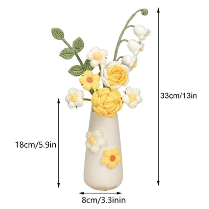 Simulation Woolen Flower Handmade Knitting Artificial Flower Crochet Knitted Flower with Ceramic Vase Table Flower Gift