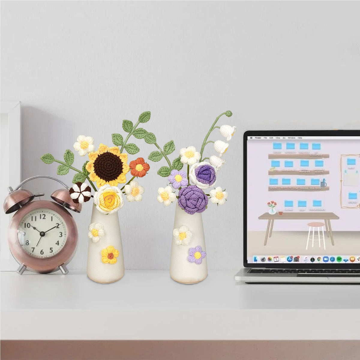 Simulation Woolen Flower Handmade Knitting Artificial Flower Crochet Knitted Flower with Ceramic Vase Table Flower Gift