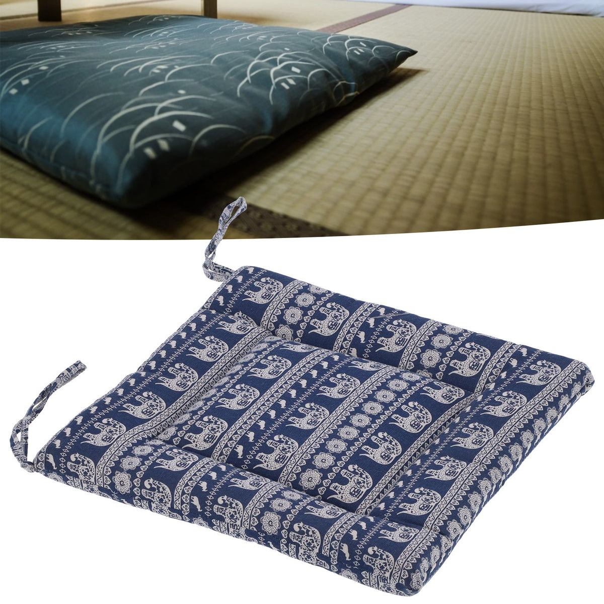 Chair Cushion Simple Pure Cotton Linen Thick NonSlip Soft Seat Cushion for Floor(Blue Elephant )