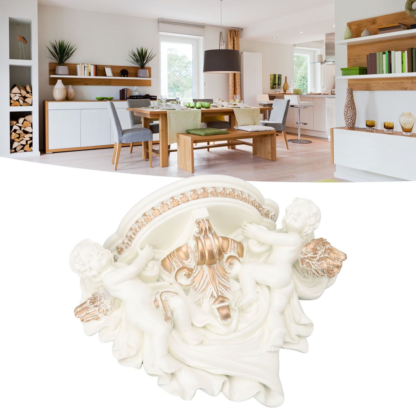 Resin Angel Wall Shelf European Exquisite Beautiful Decoration Rack for Bedroom Living Room Kitchen Beige Gold
