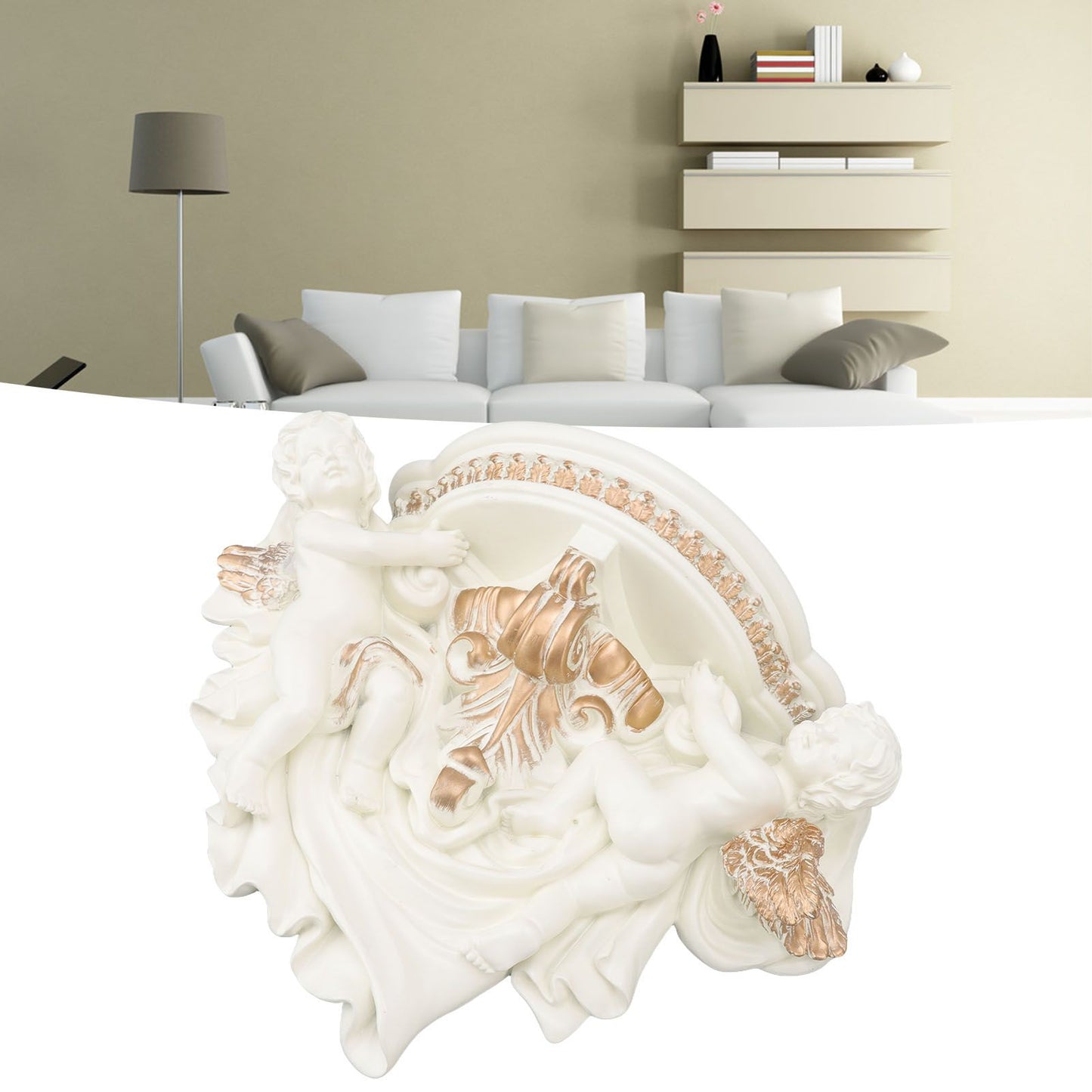 Resin Angel Wall Shelf European Exquisite Beautiful Decoration Rack for Bedroom Living Room Kitchen Beige Gold