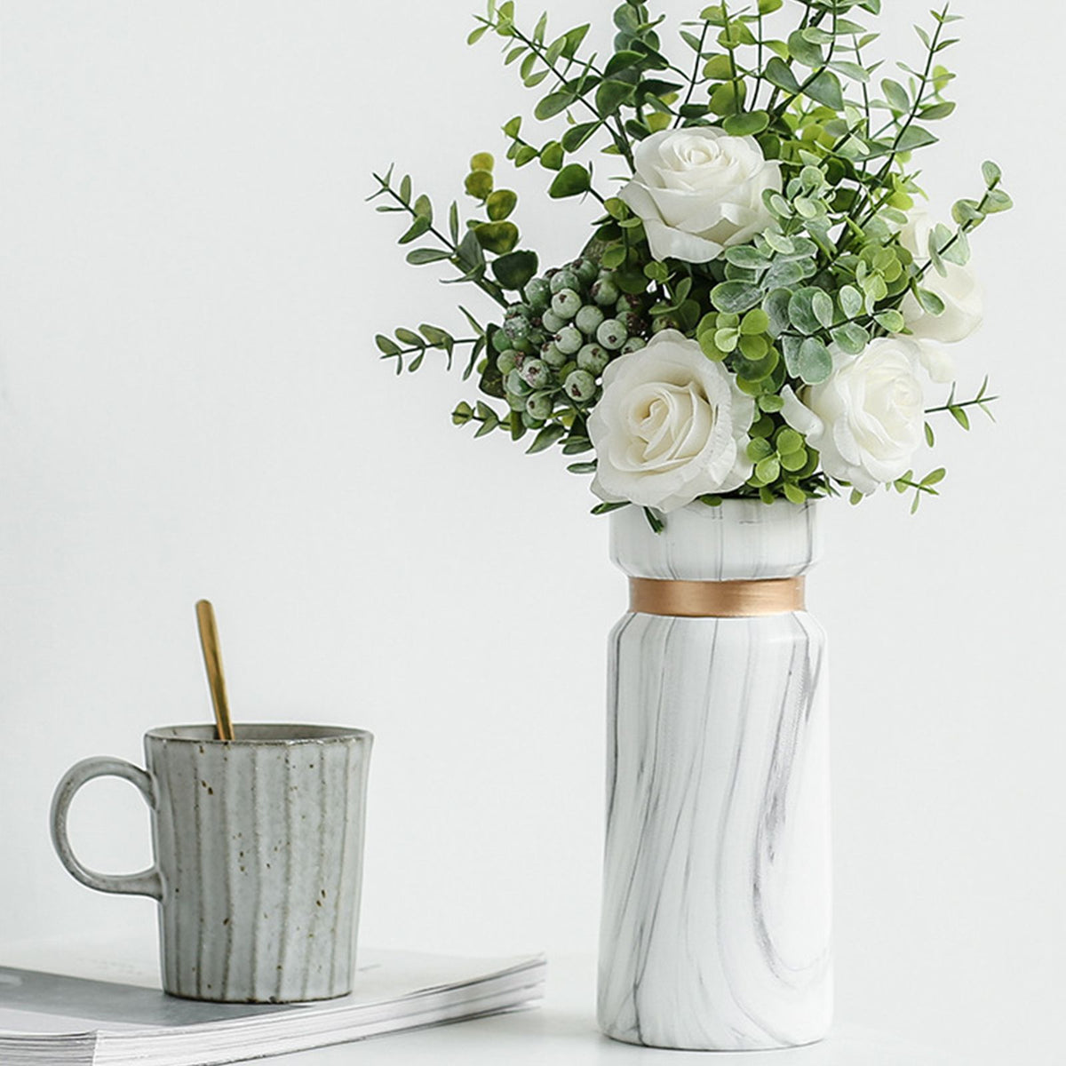 White Ceramics Vase Water Transfer Printed Marble Flower Vase for Bedroom Living Room Cafe Restaurant Office