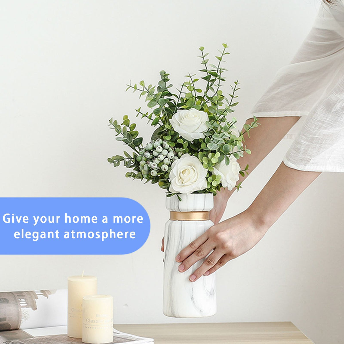 White Ceramics Vase Water Transfer Printed Marble Flower Vase for Bedroom Living Room Cafe Restaurant Office