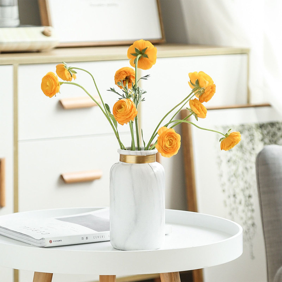 White Ceramics Vase Water Transfer Printed Marble Flower Vase for Bedroom Living Room Cafe Restaurant Office