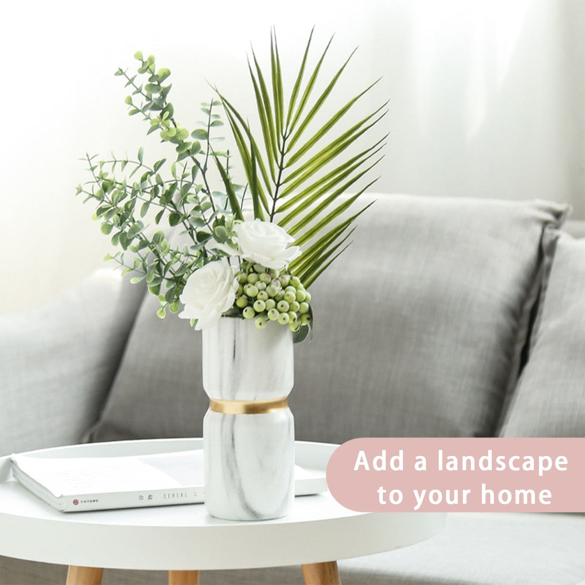 White Ceramics Vase Water Transfer Printed Marble Flower Vase for Bedroom Living Room Cafe Restaurant Office