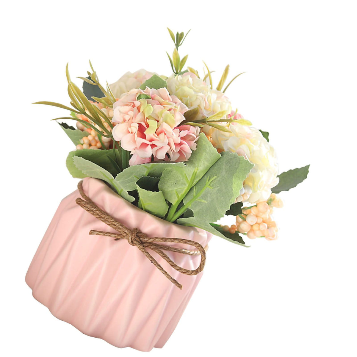 Artificial Fake Potted Flowers Bouquet Hydrangea with Vase for Dining Table Decoration Pink