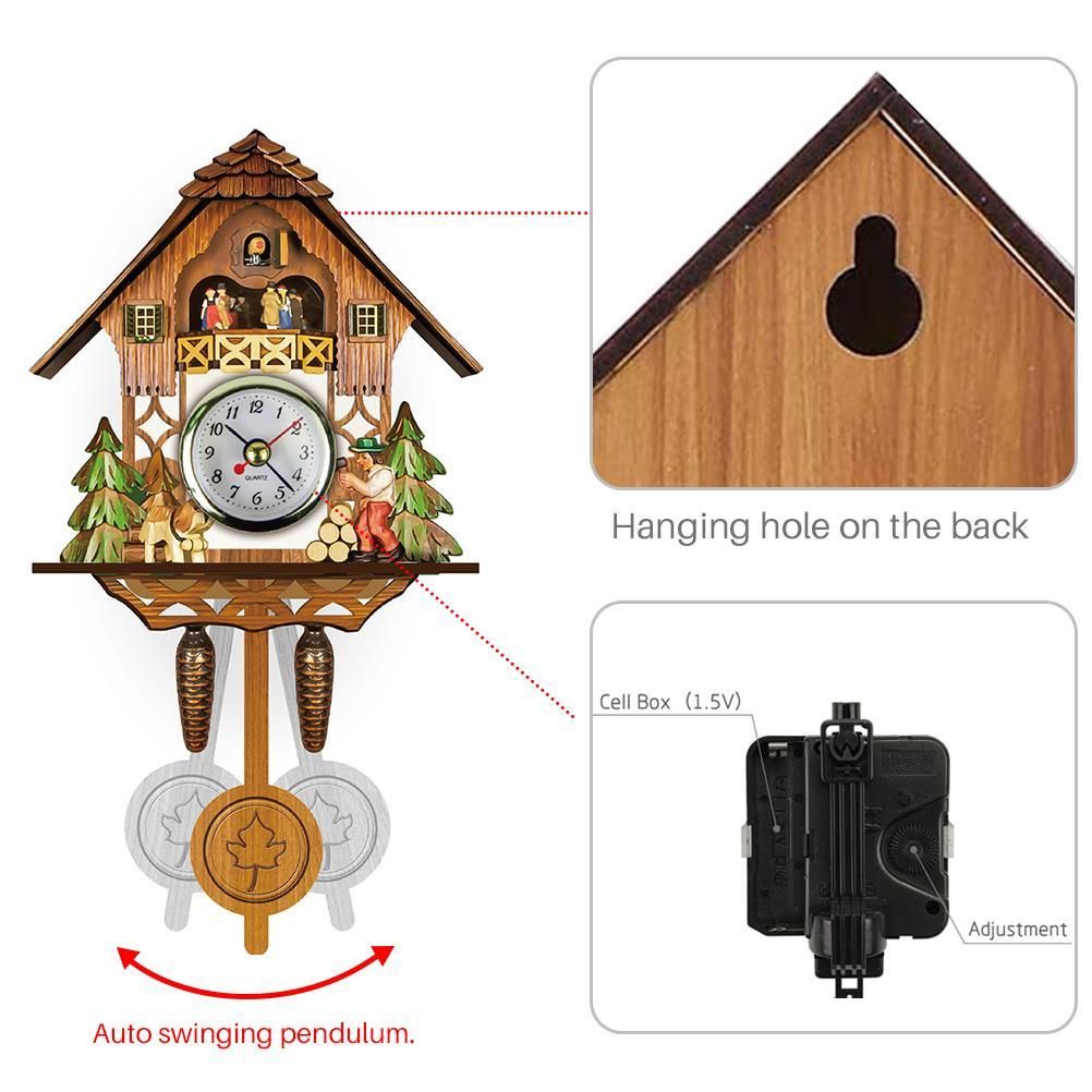 Cuckoo Clock Antique Wooden Cuckoo Birdhouse Wall Clock Home Decor Hanging Cuckoo Clock Auto Swing Bell Pendulum Home Decor