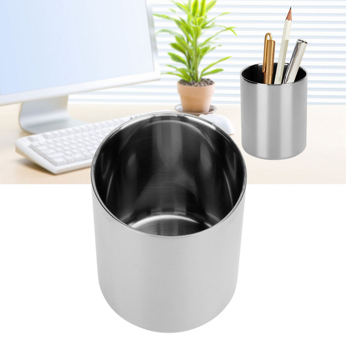 Stainless Steel Pencil Cup Holder Desk Organizer Flower Vases Pen Makeup Brush ContainerSilver