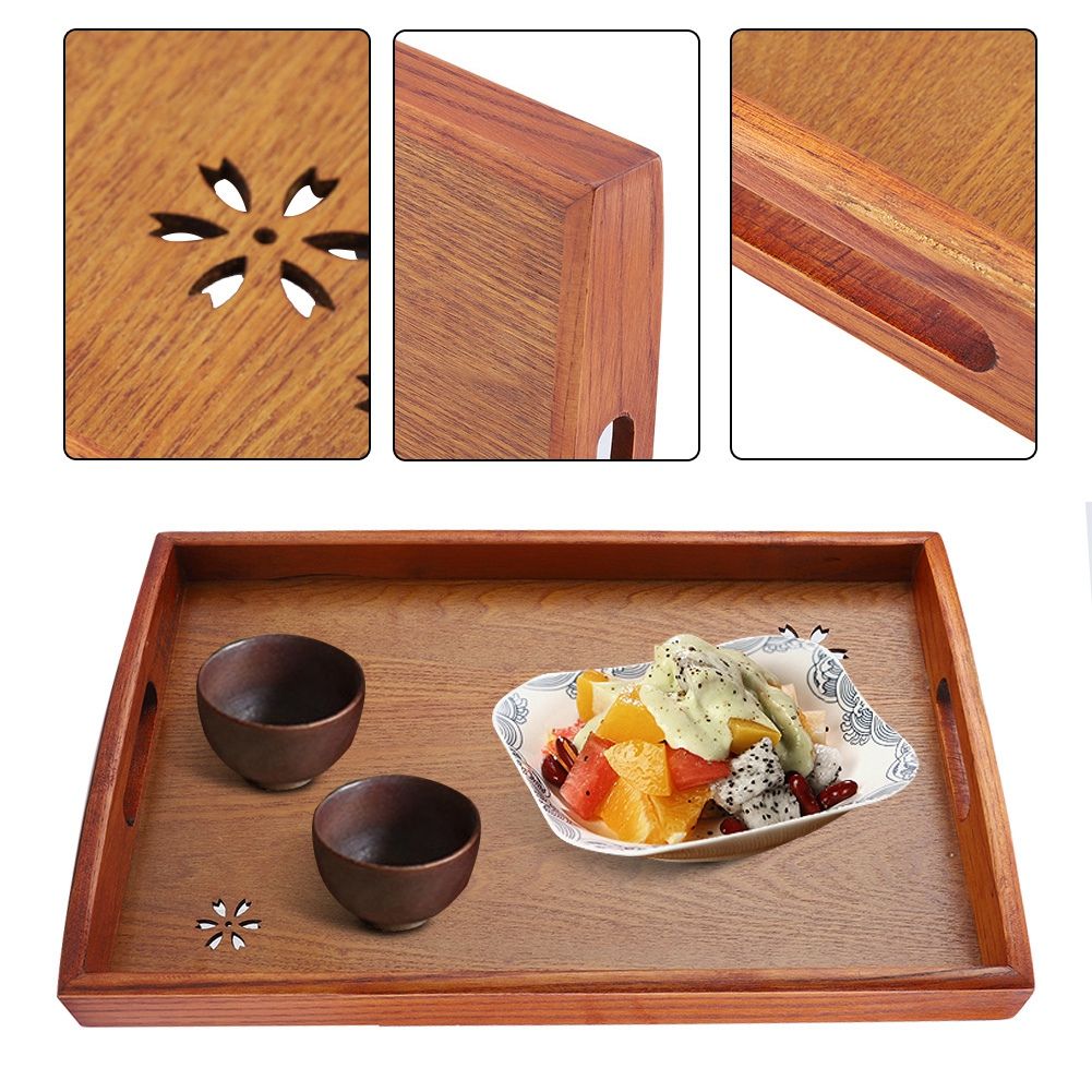 Light Rectangular Solid Wood Cherry Blossom Tea Tray Coffee Fruit Food Serving Plate Home