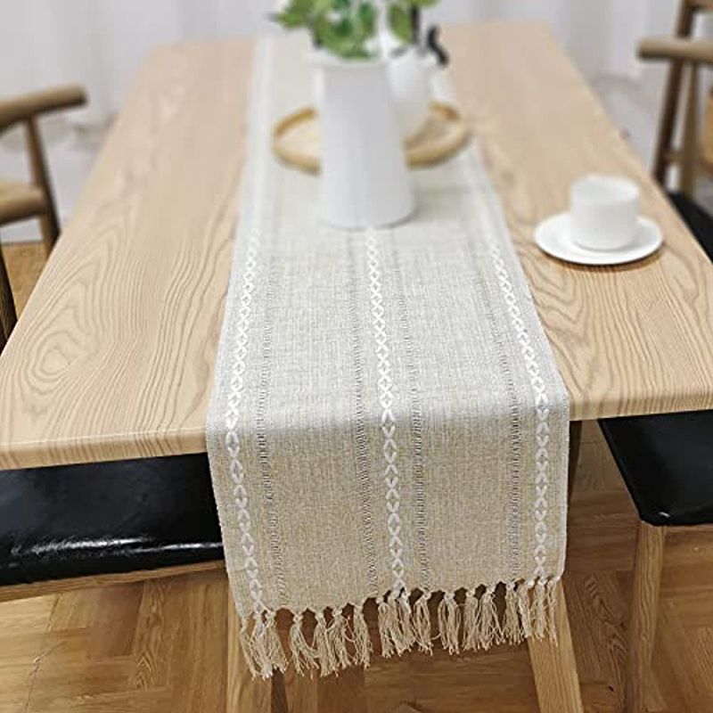 Retro Table Runner Elegant Hand Woven Cotton Linen Dining Table Runner with Tassels for Wedding Home Cross Yellow