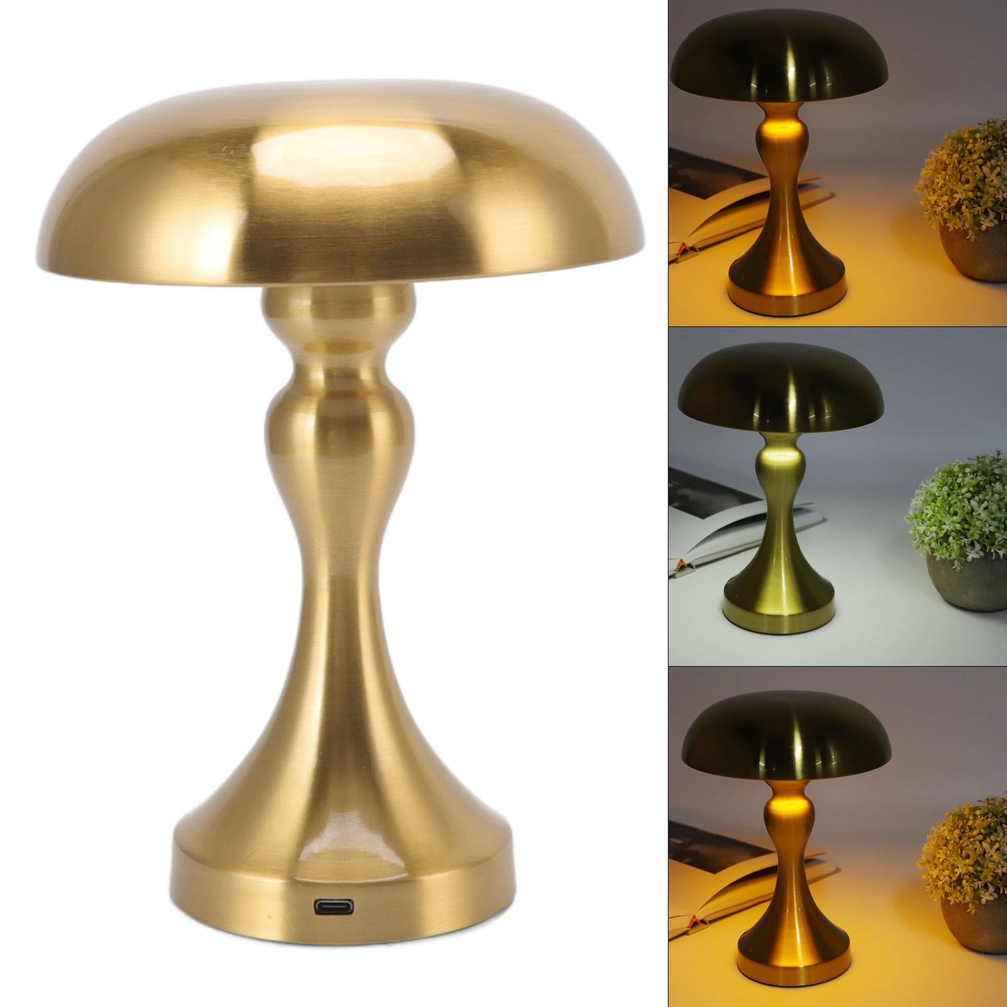 Table Lamp Rechargeable Mushroom Shape 3 Speed Color Temperature Touch Stepless Dimming Night Light for Home Gold