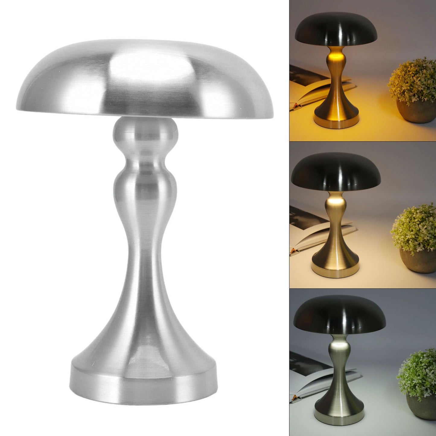 Table Lamp Rechargeable Mushroom Shape 3 Speed Color Temperature Touch Stepless Dimming Night Light for Home Silver