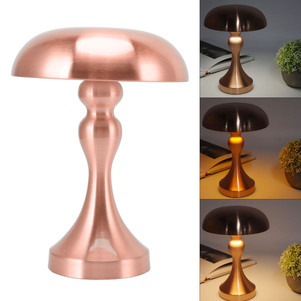 Table Lamp Rechargeable Mushroom Shape 3 Speed Color Temperature Touch Stepless Dimming Night Light for Home Copper