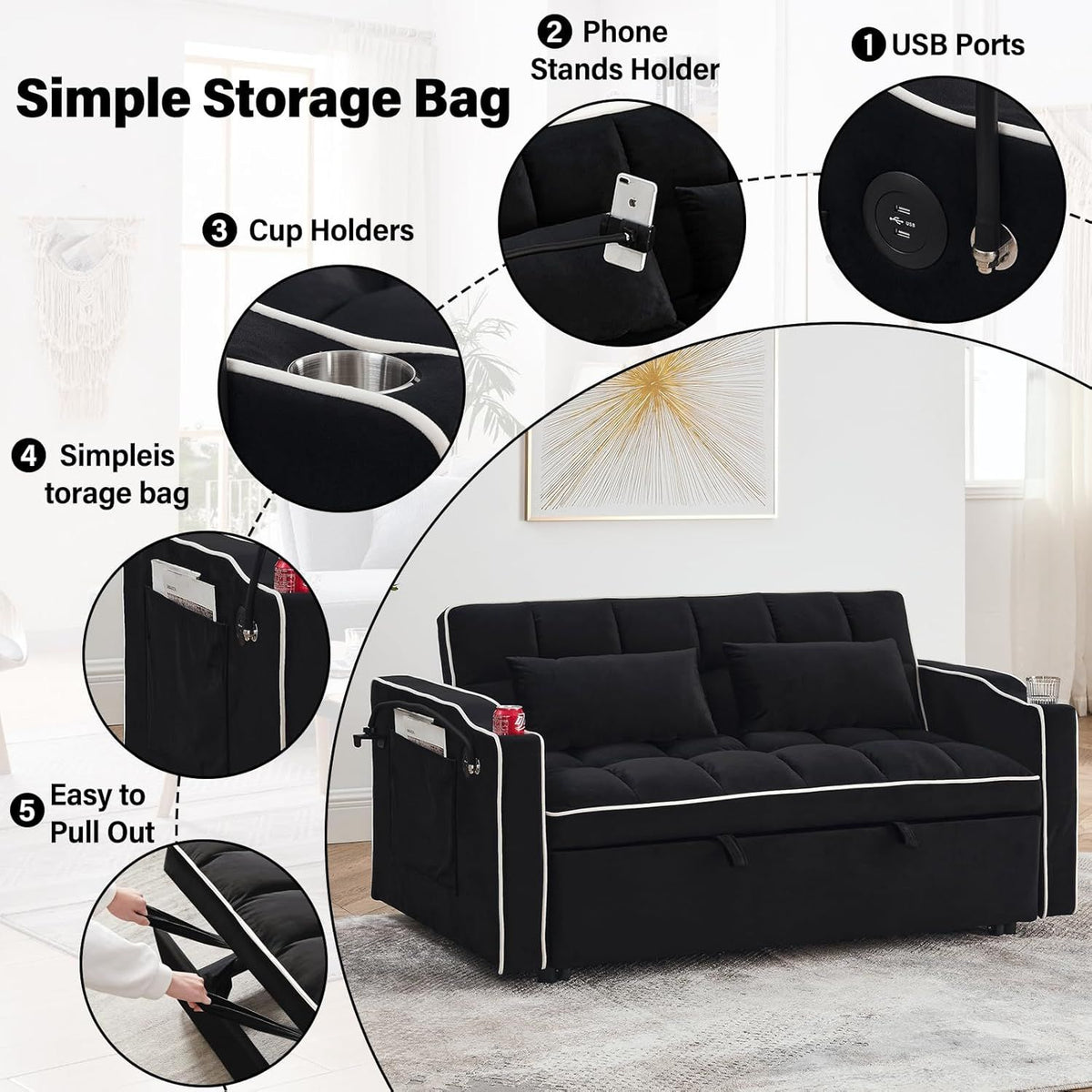 Fashionable Modern and Multi-functional Foldable Velvet Sofa Bed - Light Grey