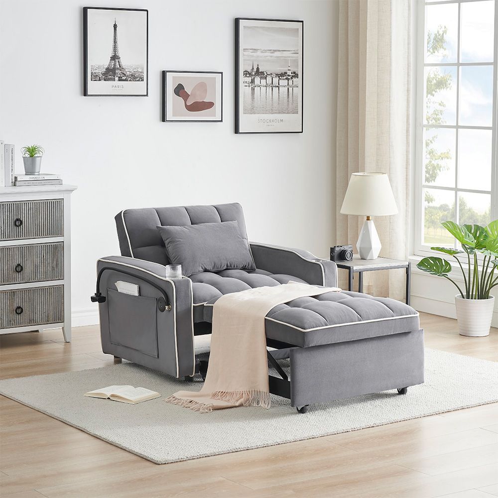Single-seater sofa bed, equipped with USB ports and a phone holder - Black