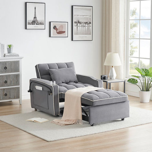 Single-seater sofa bed, equipped with USB ports and a phone holder - Grey