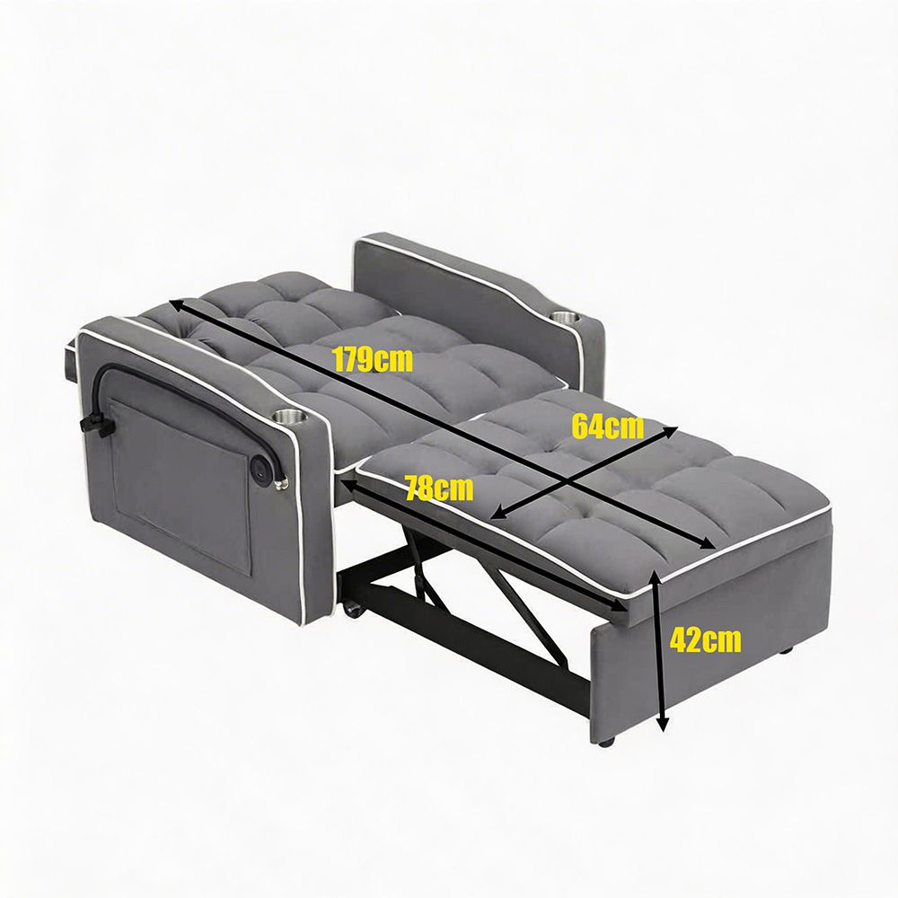 Single-seater sofa bed, equipped with USB ports and a phone holder - Grey