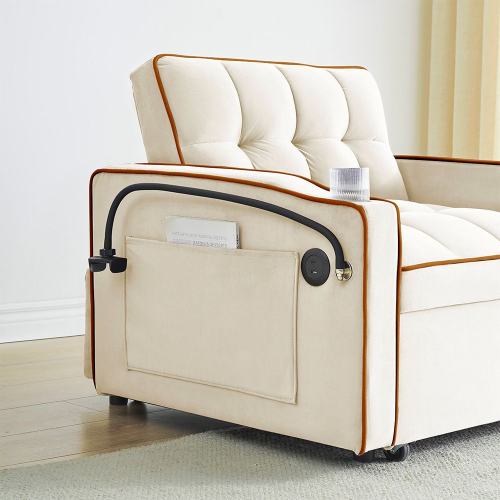 Single-seater sofa bed, equipped with USB ports and a phone holder - Beige