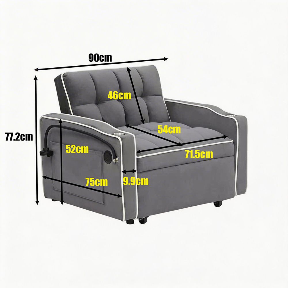 Single-seater sofa bed, equipped with USB ports and a phone holder - Beige