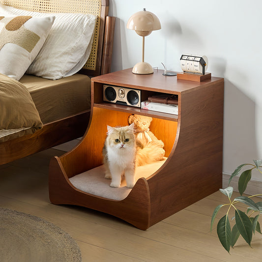 Bedside Table with Wireless Charging Station,LED Nightstand with Open Storage Drawers for Small Cats and Dogs Bed, Cozy Home for Living Room, Bedroom, Office, Sofa Side