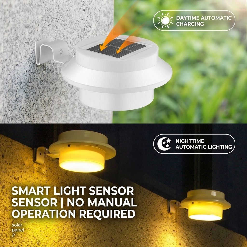 Solar Powered Smart Wall Light with Auto Dusk-to-Dawn Sensor, IP65 Waterproof Fence & Garden Accent Lighting, Available in 3000K Warm White or 6000K Cool White, Ideal for Patio, Pathway, and Courtyard Ambient Glow (4PCS, White Housing‑Warm White Light)