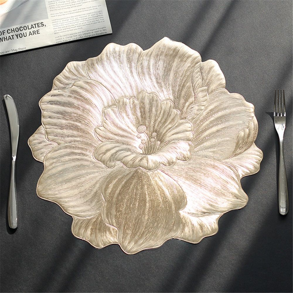 Gold Round Placemats for Dining Table Set of 6, Pressed Camellia Flower Place Mats 15 Inch Vinyl Table Mats for Chrismas Holiday Party Decoration