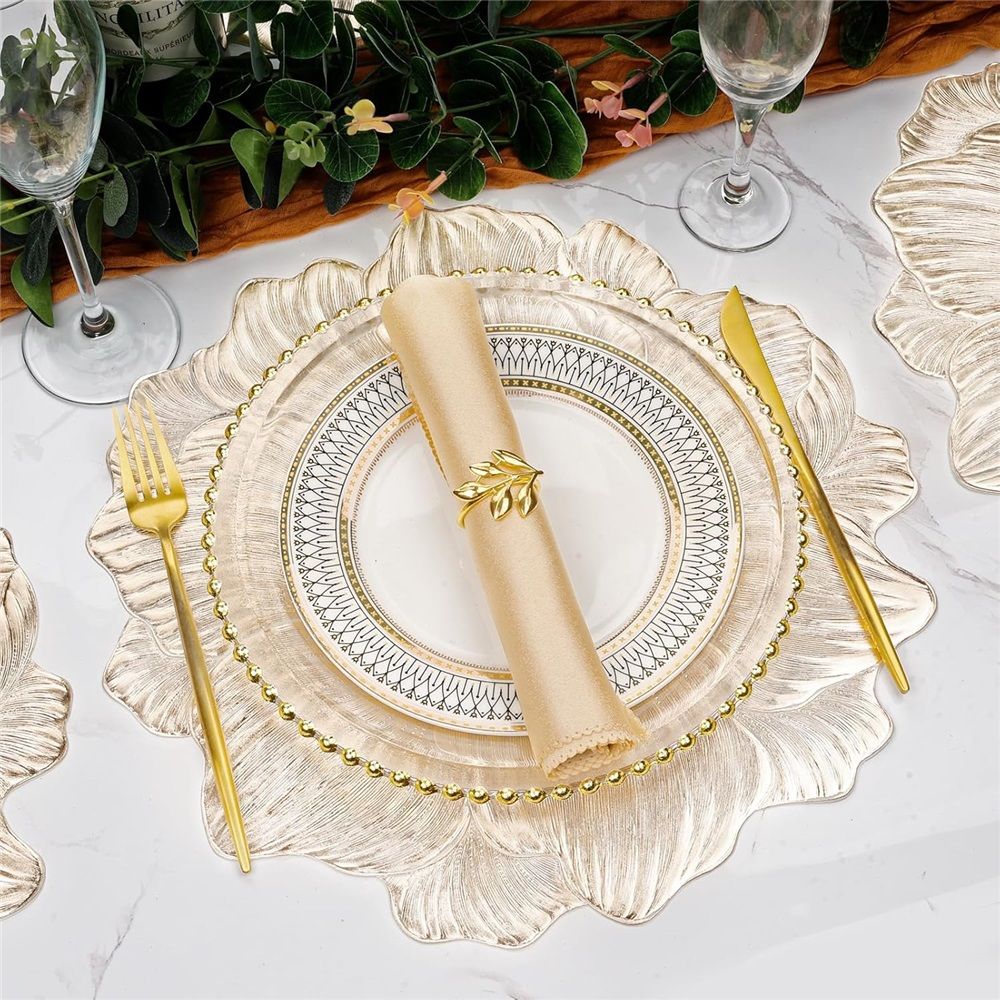 Gold Round Placemats for Dining Table Set of 6, Pressed Camellia Flower Place Mats 15 Inch Vinyl Table Mats for Chrismas Holiday Party Decoration