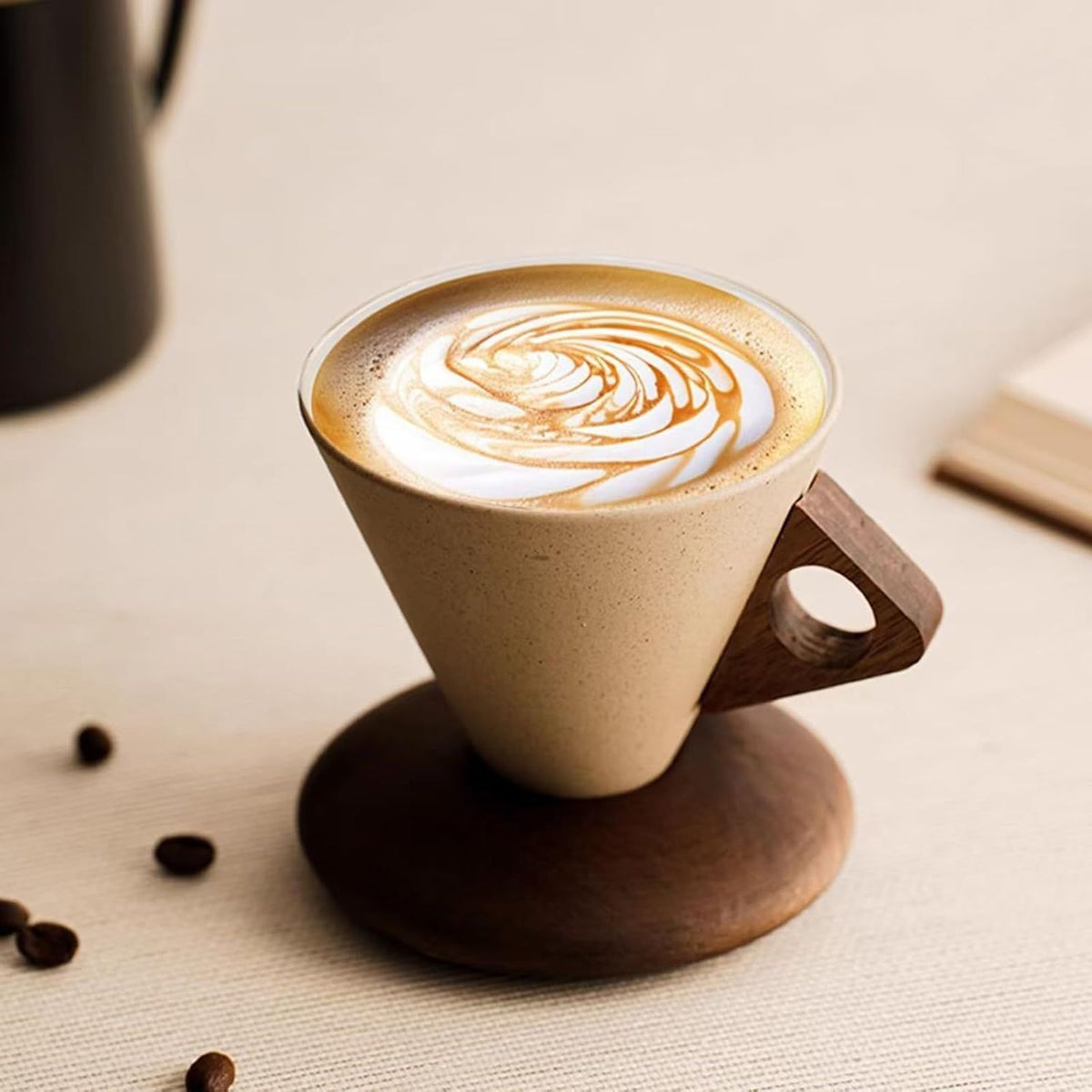 Conical Ceramic Wood Coffee Cup 250ml/8.45oz, Solid Wood Handle and Coaster, Compatible With Dishwasher, Suitable for Home, Restaurant, Party, and Office Use