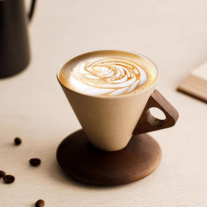 Conical Ceramic Wood Coffee Cup 250ml/8.45oz, Solid Wood Handle and Coaster, Compatible With Dishwasher, Suitable for Home, Restaurant, Party, and Office Use