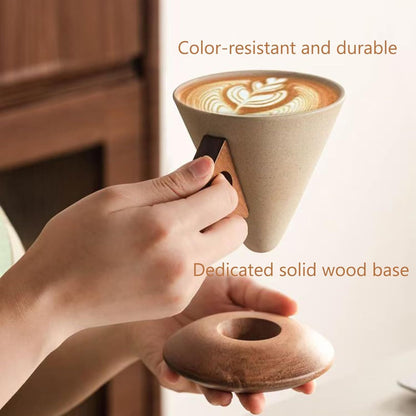 Conical Ceramic Wood Coffee Cup 250ml/8.45oz, Solid Wood Handle and Coaster, Compatible With Dishwasher, Suitable for Home, Restaurant, Party, and Office Use