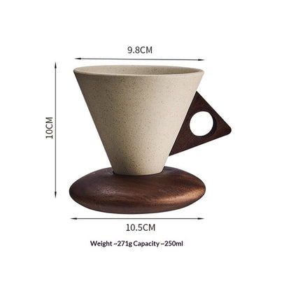 Conical Ceramic Wood Coffee Cup 250ml/8.45oz, Solid Wood Handle and Coaster, Compatible With Dishwasher, Suitable for Home, Restaurant, Party, and Office Use